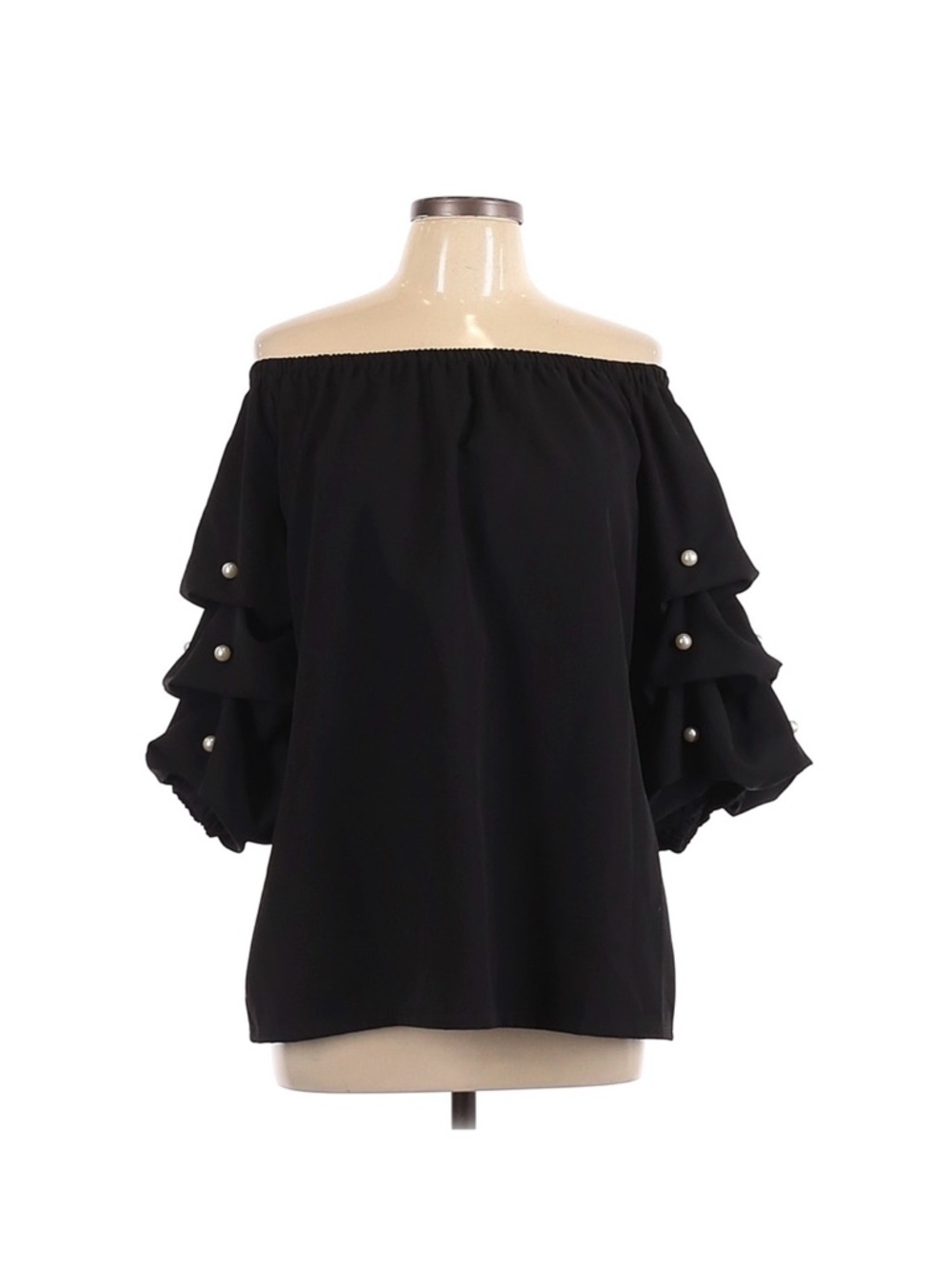 MSK Black Off-Shoulder Ruffle Sleeve Blouse with Pearl Buttons